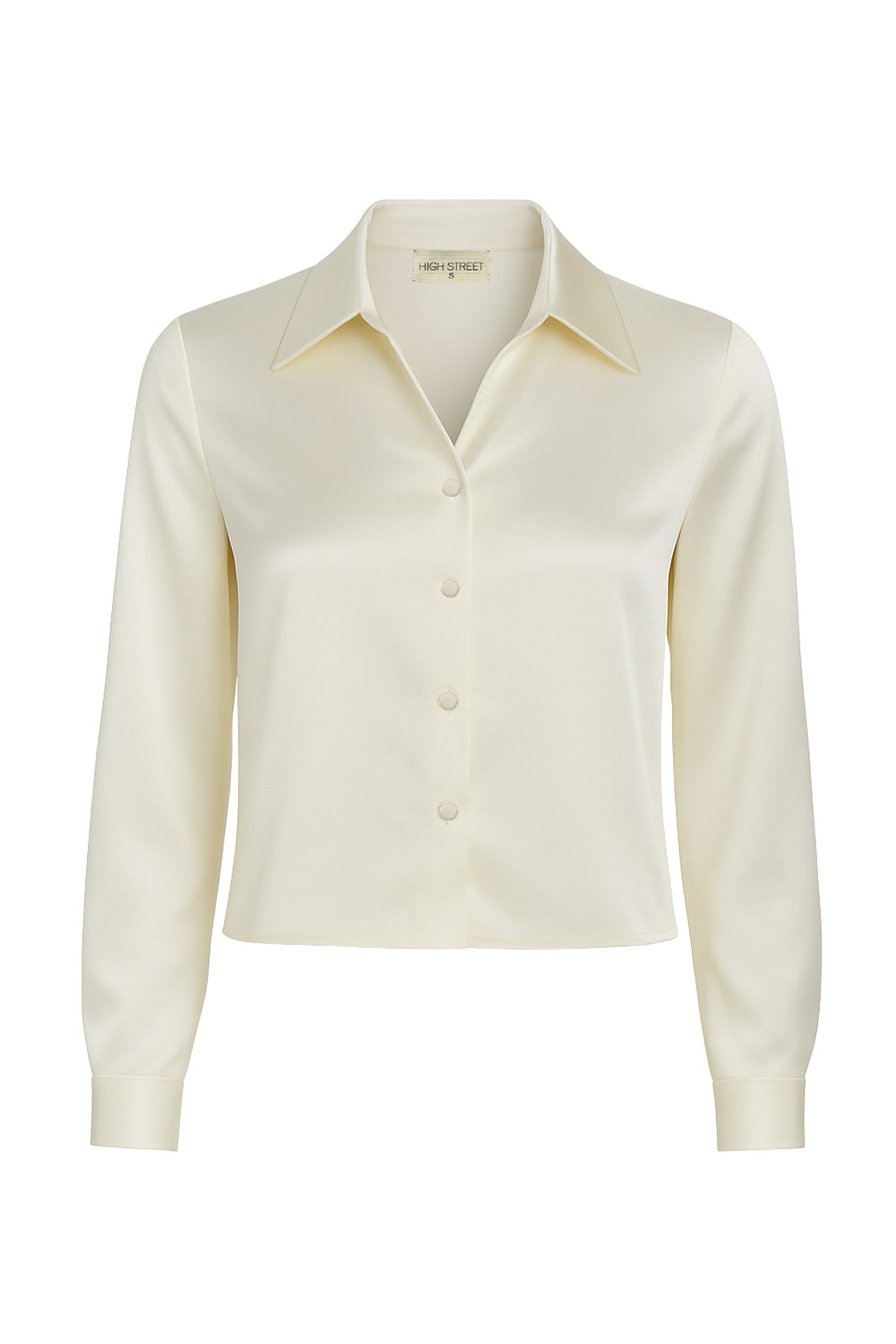 Camisa corta satinada de fit recto, cuello camisero, manga larga con puño abotonado, pinza de amplitud en espalda y cierre frontal con hilera de botones.