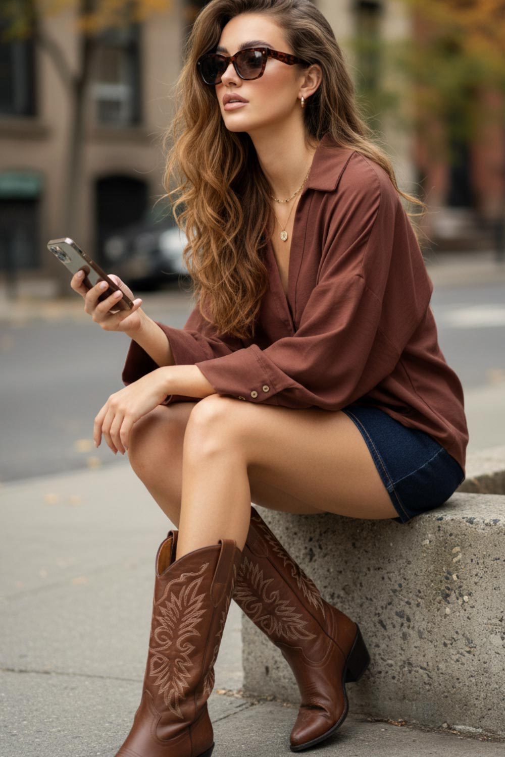 Camisa de fit oversized, manga 3/4 amplia con doblez en puños, cuello camisero, escote v, pinza de amplitud en espalda con trabilla decorativa y bajo curveado. Cierre frontal con hilera de botones en contraste.