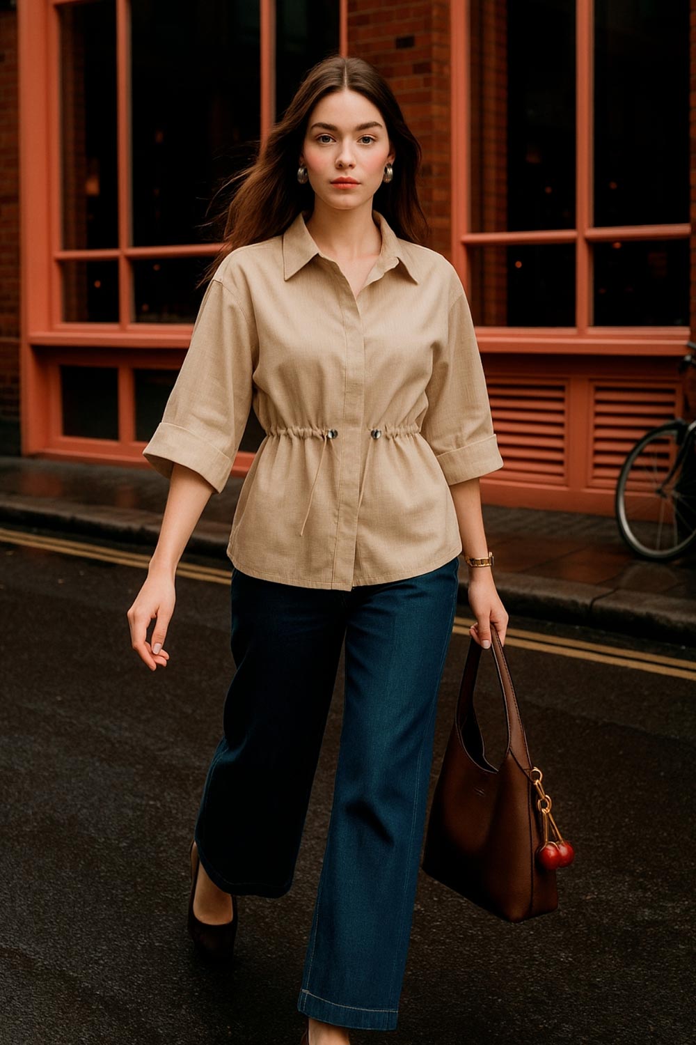 Camisa de fit oversized, manga 3/4 amplia con doblez en puños, cuello camisero y jareta ajustable en cintura. Cierre frontal con hilera oculta de botones.