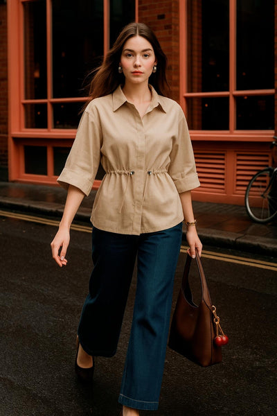 Camisa de fit oversized, manga 3/4 amplia con doblez en puños, cuello camisero y jareta ajustable en cintura. Cierre frontal con hilera oculta de botones.