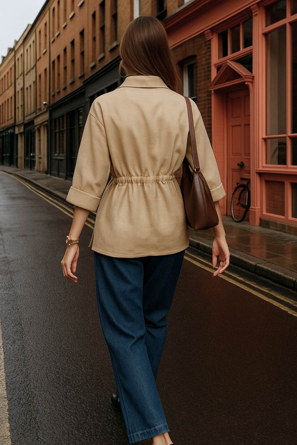 Camisa de fit oversized, manga 3/4 amplia con doblez en puños, cuello camisero y jareta ajustable en cintura. Cierre frontal con hilera oculta de botones.