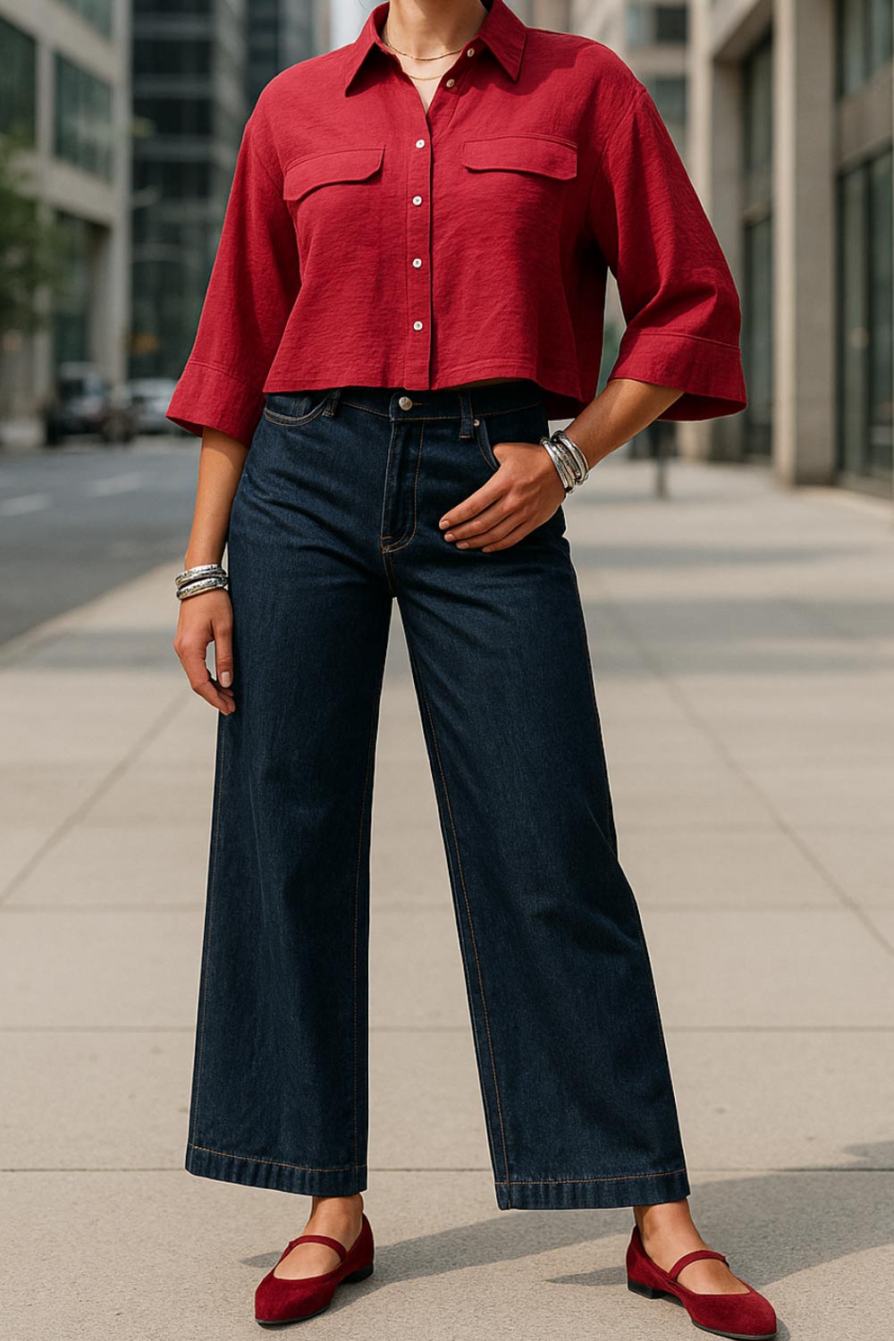 Camisa corta de fit oversized, manga 3/4 amplia con doblez en puños, cuello camisero, bolsillos frontales decorativos con cartera y pinza de amplitud en espalda. Cierre frontal con hilera de botones.