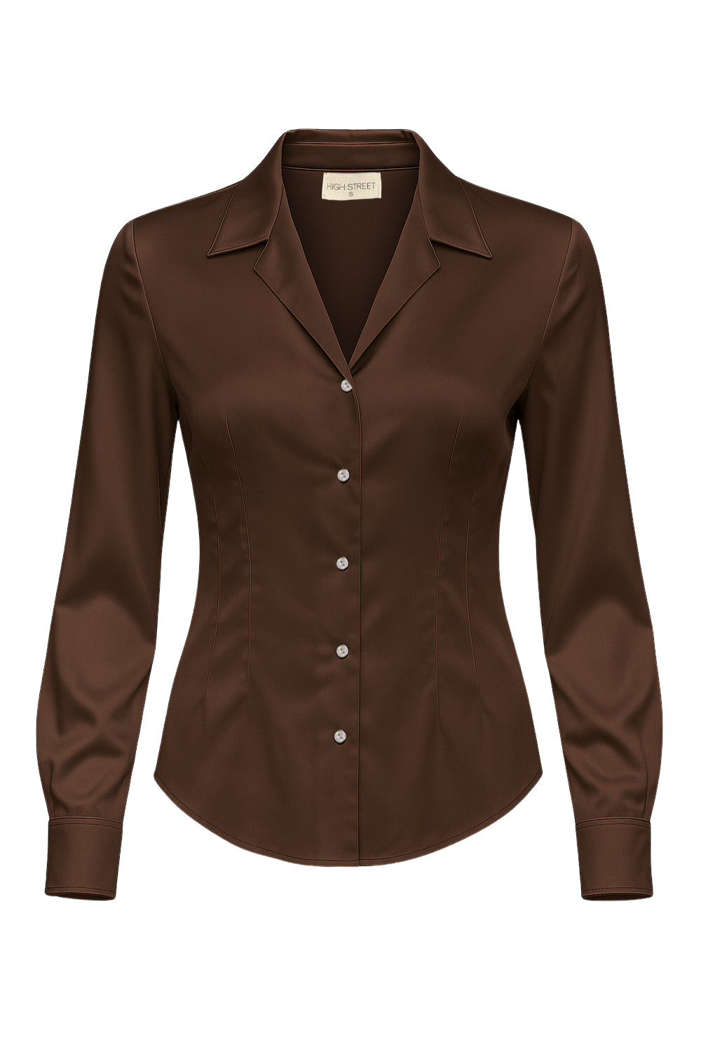 Camisa satinada de fit ajustado, cuello camisero con solapa y cuello en v, manga larga con puño abotonado, bajo curveado, pinzas frontales y posteriores. Cierre frontal con hilera de botones en contraste.