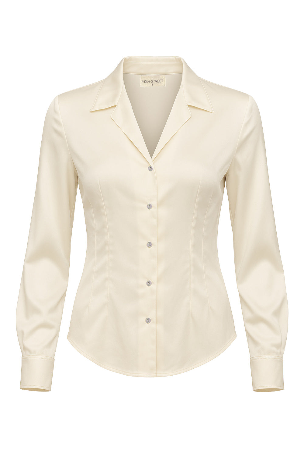 Camisa satinada de fit ajustado, cuello camisero con solapa y cuello en v, manga larga con puño abotonado, bajo curveado, pinzas frontales y posteriores. Cierre frontal con hilera de botones en contraste.