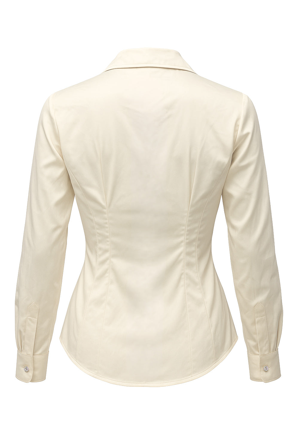 Camisa satinada de fit ajustado, cuello camisero con solapa y cuello en v, manga larga con puño abotonado, bajo curveado, pinzas frontales y posteriores. Cierre frontal con hilera de botones en contraste.