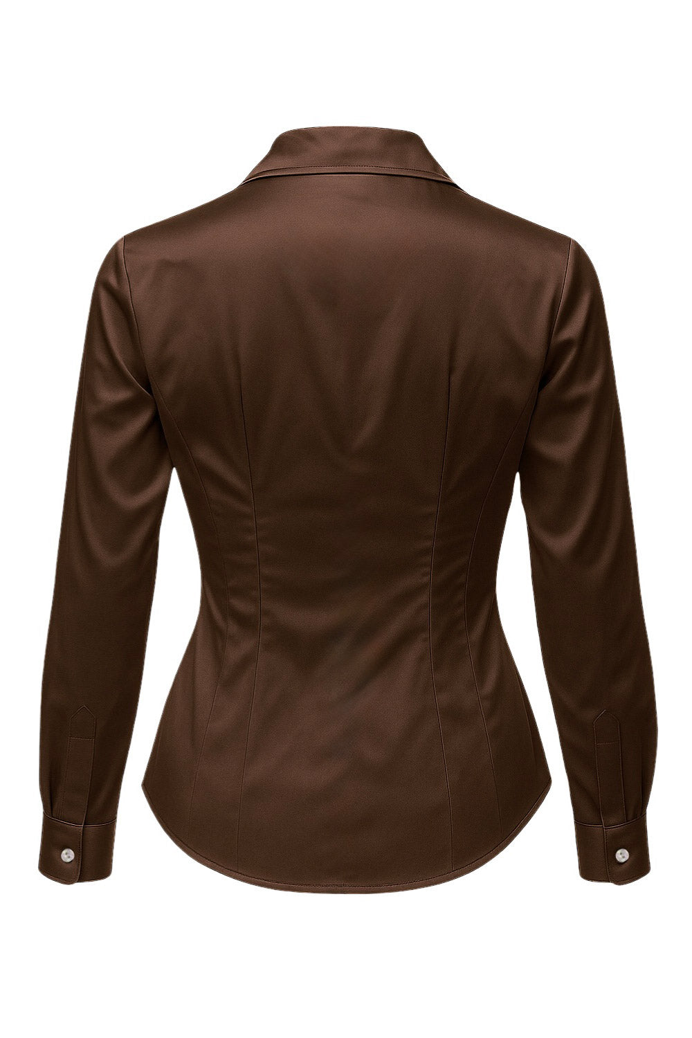 Camisa satinada de fit ajustado, cuello camisero con solapa y cuello en v, manga larga con puño abotonado, bajo curveado, pinzas frontales y posteriores. Cierre frontal con hilera de botones en contraste.