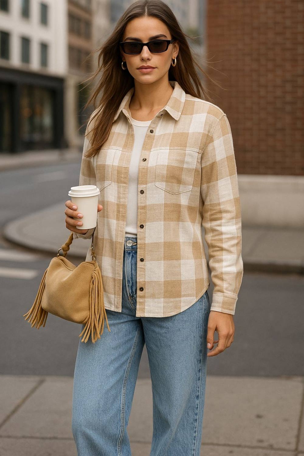 Camisa de estampado check, fit oversized, manga larga con puño abotonado, cuello camisero, bolsillos frontales de parche, pinza de amplitud en espalda y cierre frontal con hilera de botones en contraste.
