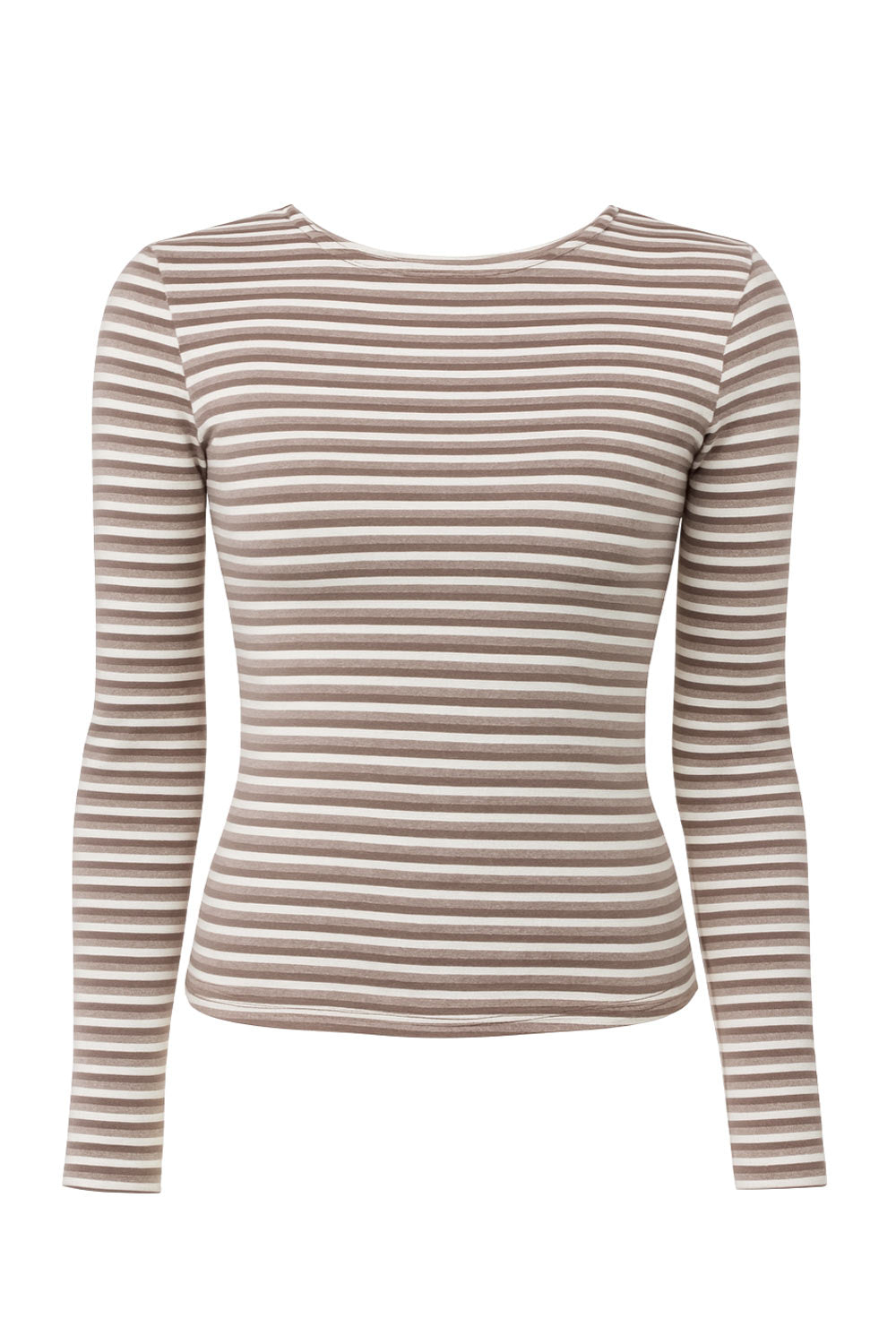 Camiseta básica de fit ajustado, manga larga, estampado rayas y cuello barco.