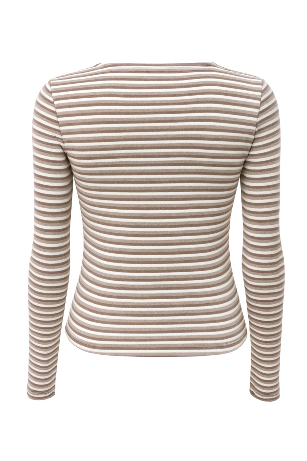 Camiseta básica de fit ajustado, manga larga, estampado rayas y cuello barco.