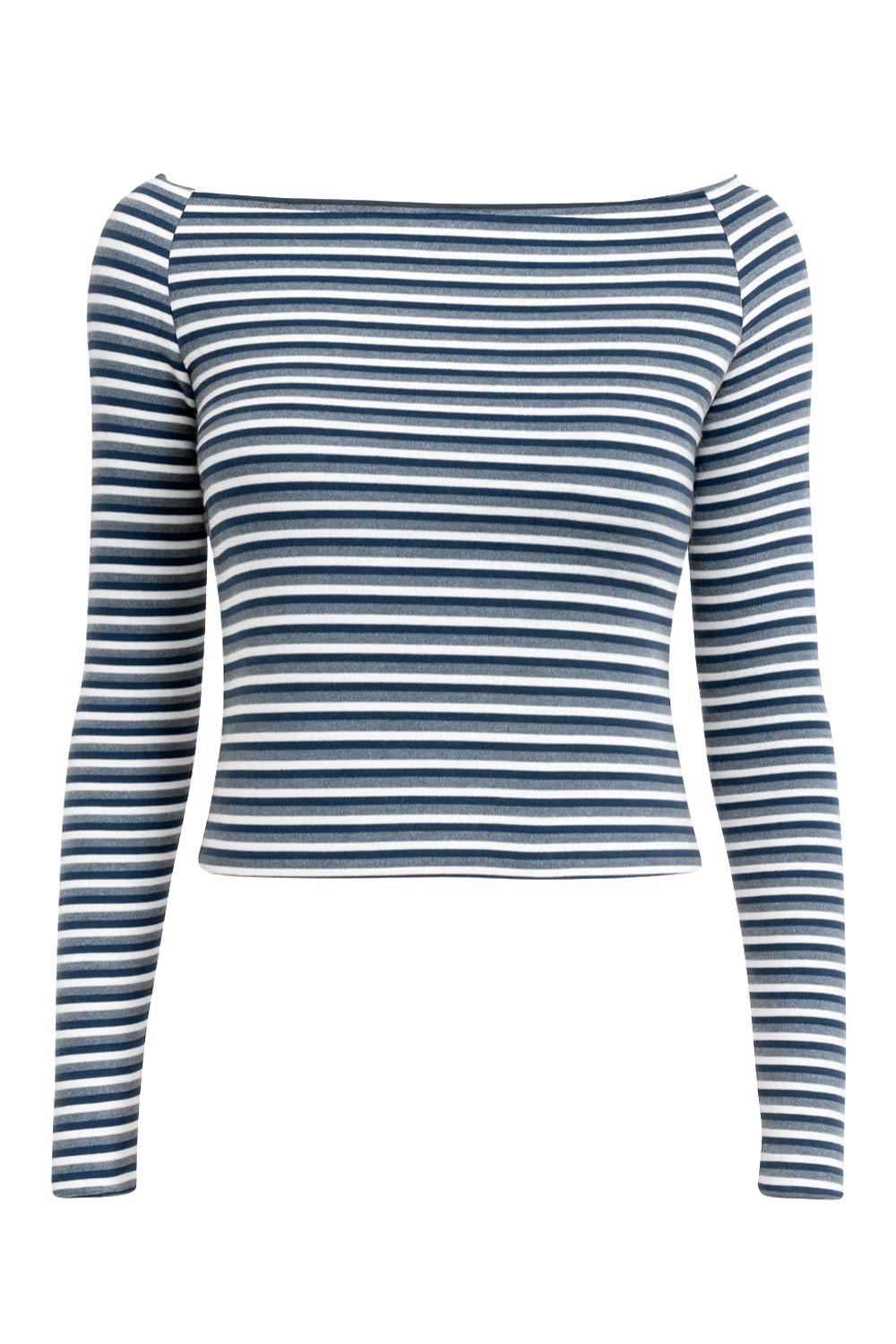 Camiseta básica de fit ajustado, manga larga, estampado rayas y cuello barco.