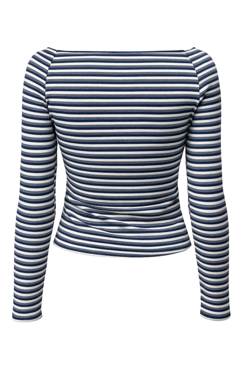 Camiseta básica de fit ajustado, manga larga, estampado rayas y cuello barco.