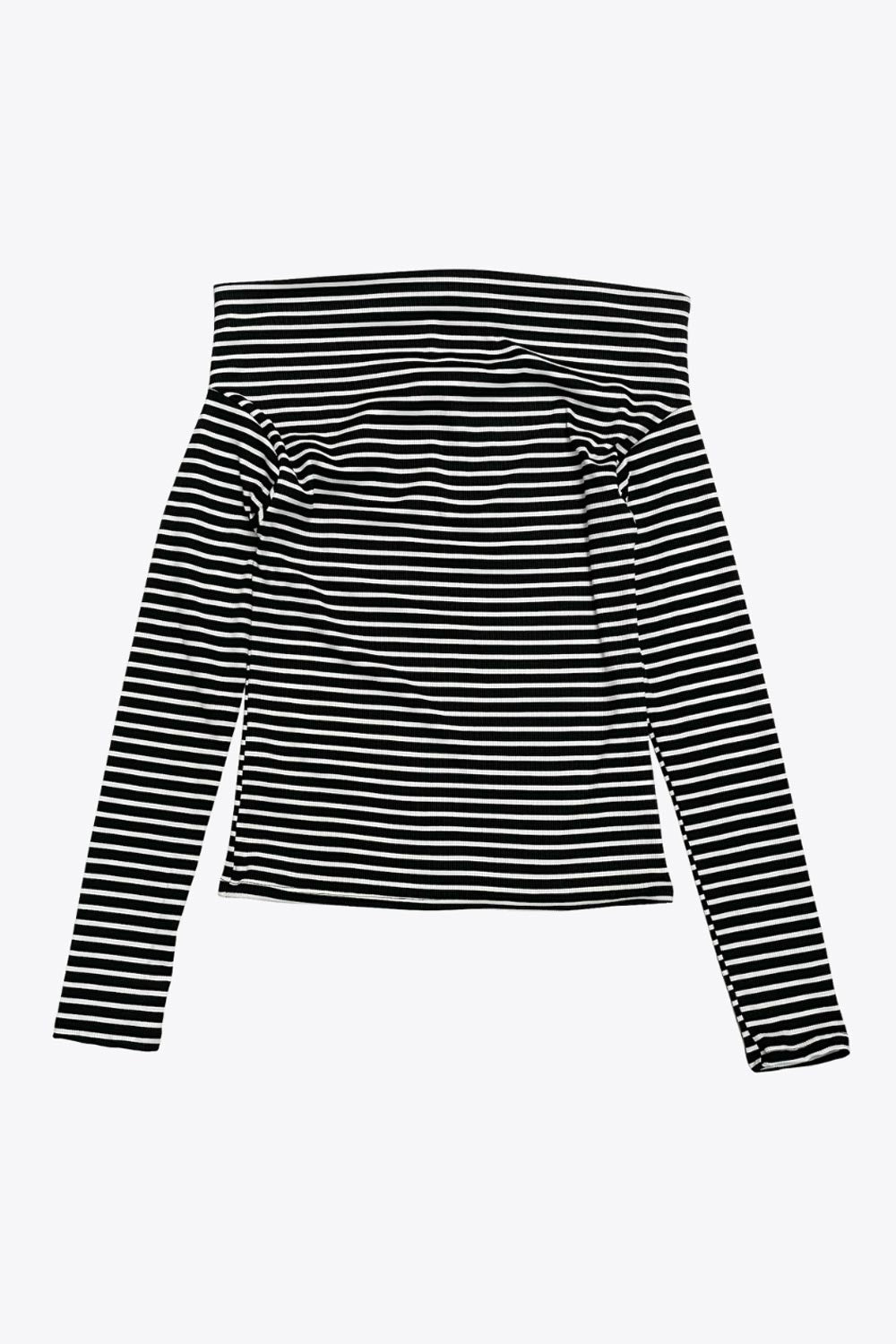 Camiseta de estampado rayas, fit ajustado, hombros descubiertos, escote recto y manga larga con hombro caído.