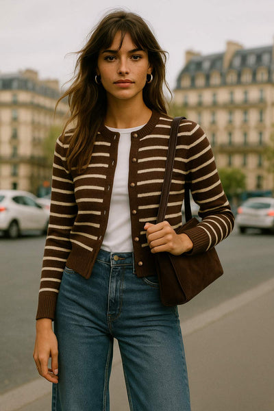 Cardigan de punto, estampado rayas, fit recto, manga larga con rib en puños, bajo y cuello redondo. Cierre frontal con hilera de botones en contraste.