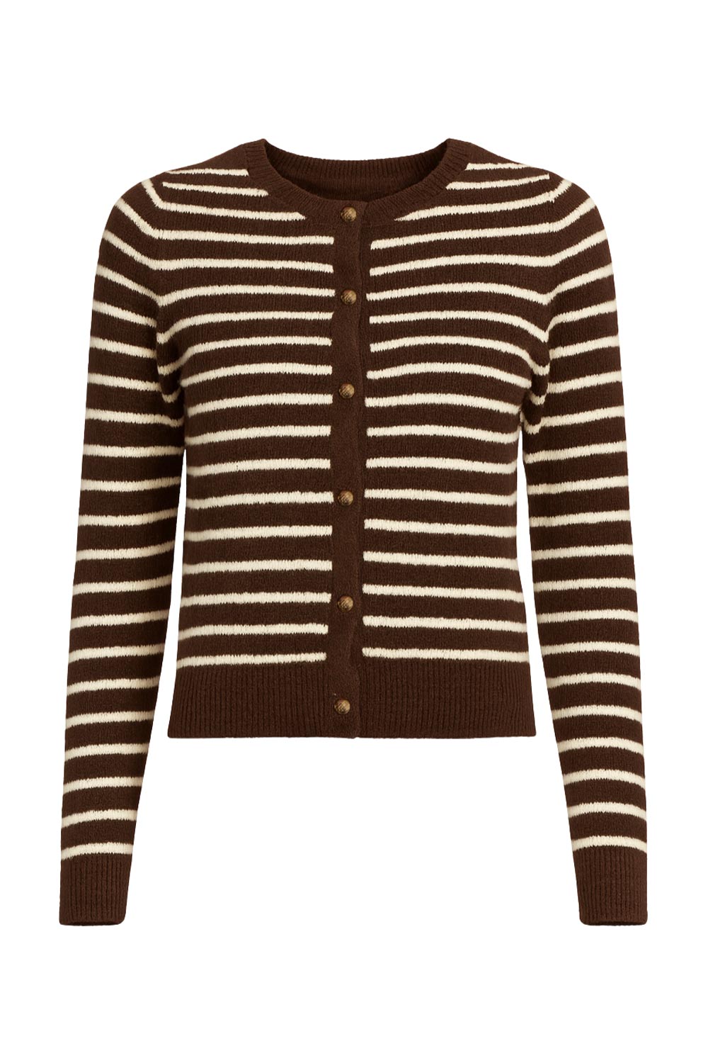 Cardigan de punto, estampado rayas, fit recto, manga larga con rib en puños, bajo y cuello redondo. Cierre frontal con hilera de botones en contraste.