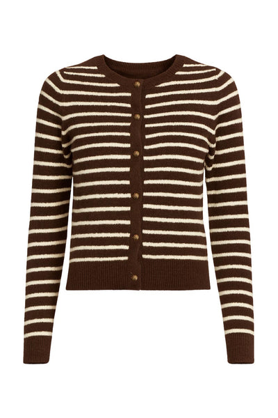 Cardigan de punto, estampado rayas, fit recto, manga larga con rib en puños, bajo y cuello redondo. Cierre frontal con hilera de botones en contraste.