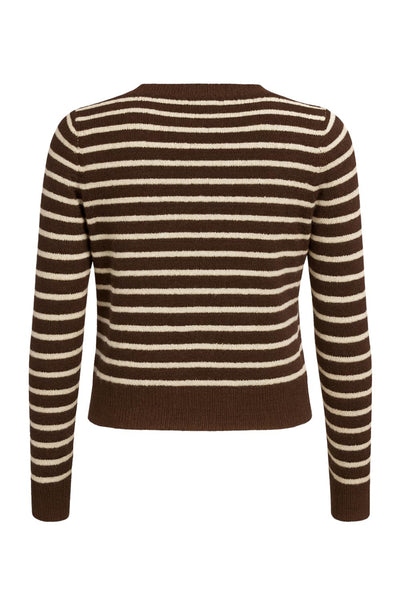 Cardigan de punto, estampado rayas, fit recto, manga larga con rib en puños, bajo y cuello redondo. Cierre frontal con hilera de botones en contraste.