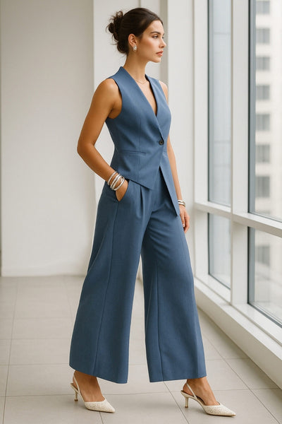 Chaleco asimétrico de fit ajustado, escote v, vivos decorativos frontales y cierre frontal con botón en contraste y bajo asimétrico.