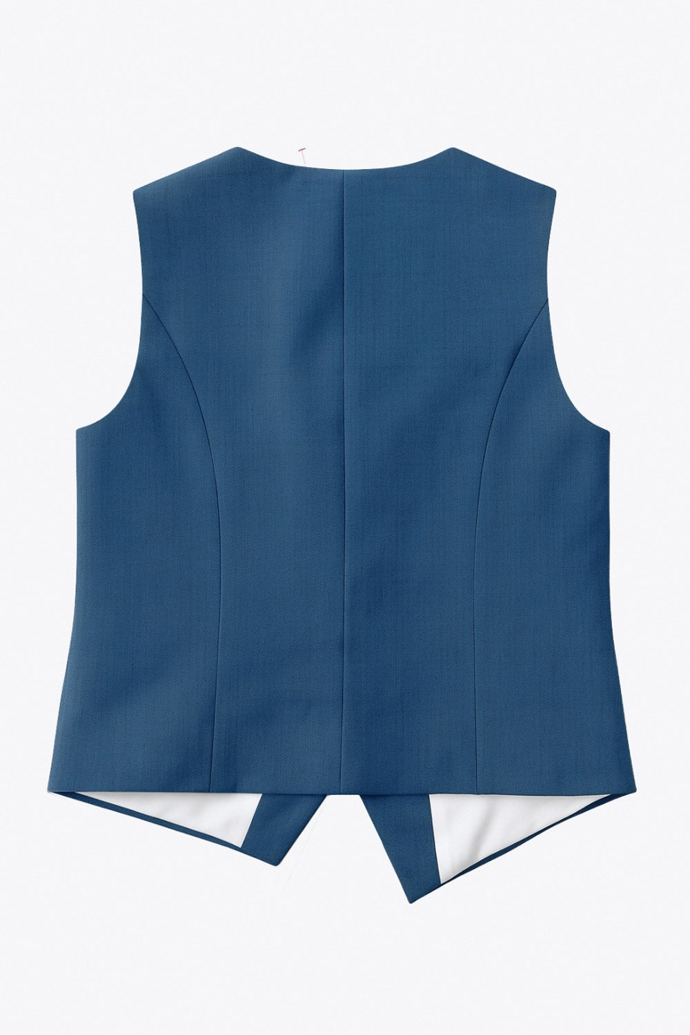 Chaleco asimétrico de fit ajustado, escote v, vivos decorativos frontales y cierre frontal con botón en contraste y bajo asimétrico.