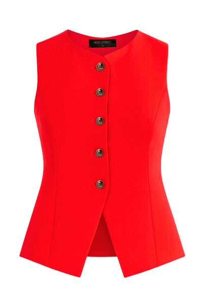 Chaleco ajustado con pinzas, cuello redondo, bajo curveado frontal y cierre con hilera de botones.