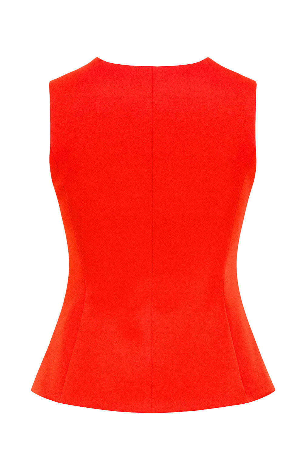 Chaleco ajustado con pinzas, cuello redondo, bajo curveado frontal y cierre con hilera de botones.