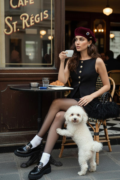 Chaleco corto de fit ajustado, cuello redondo, pinzas frontales, vivos decorativos y abertura frontal en bajo. Cierre frontal con hilera de botones en contraste.