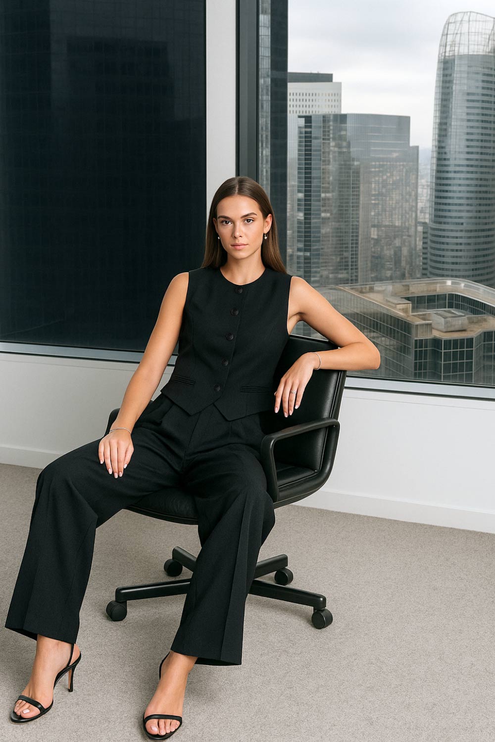 Chaleco de fit ajustado, cuello redondo, pinzas frontales, vivos decorativos frontales, cierre frontal con hilera de botones en contraste y abertura frontal en bajo.