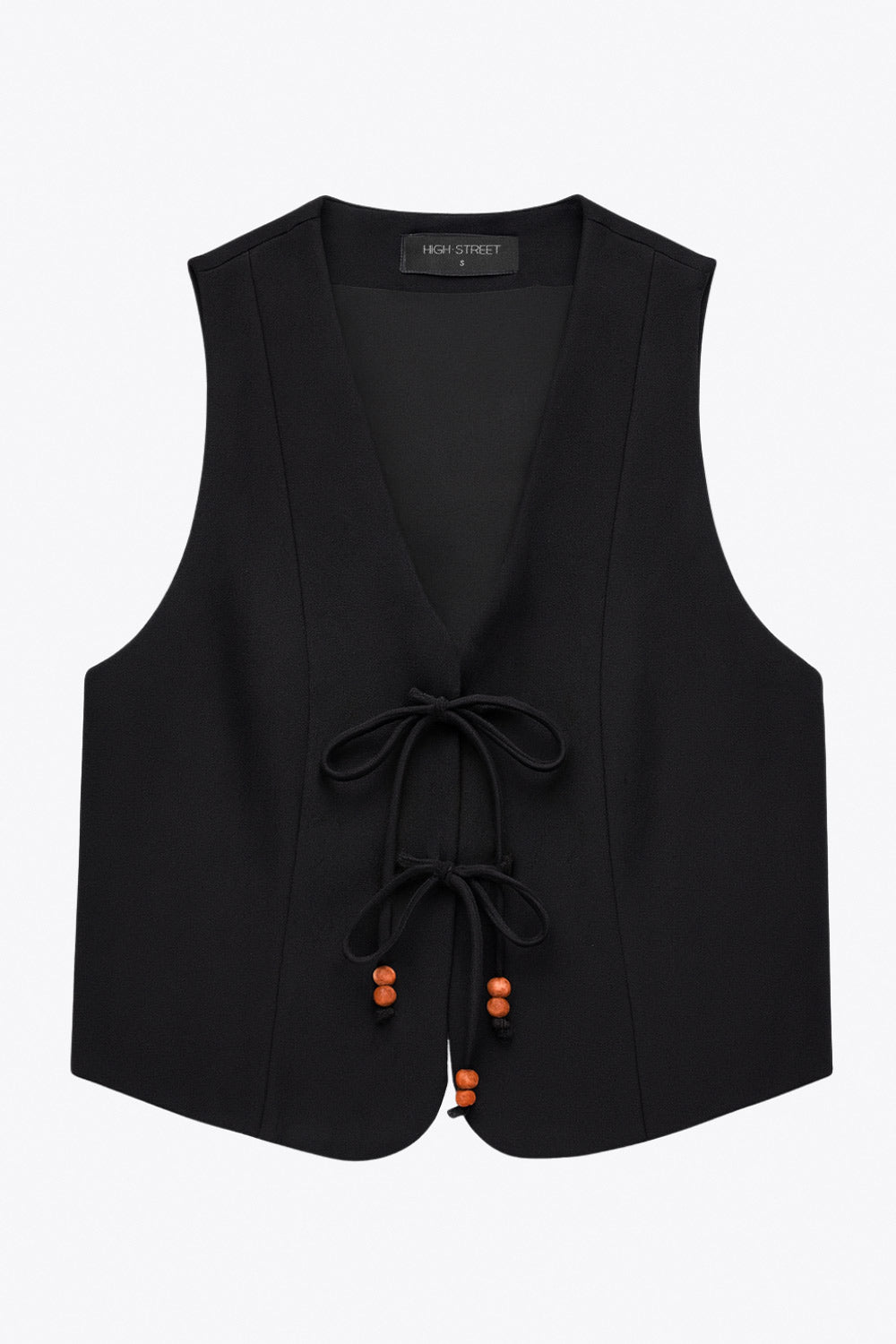 Chaleco de fit recto, pinzas frontales, escote v redondeado y cierre frontal de lazos amarrables con detalle en contraste.