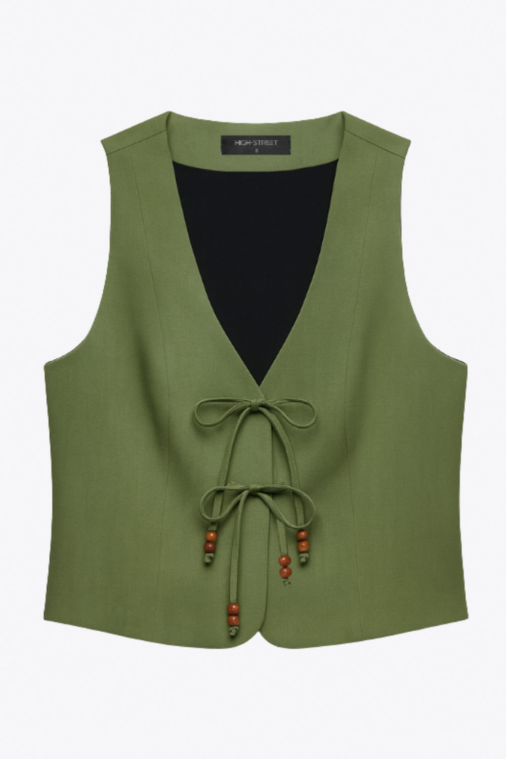 Blusa sin mangas, de fit recto, pinzas frontales, escote v redondeado y cierre frontal de lazos amarrables con detalle en contraste.