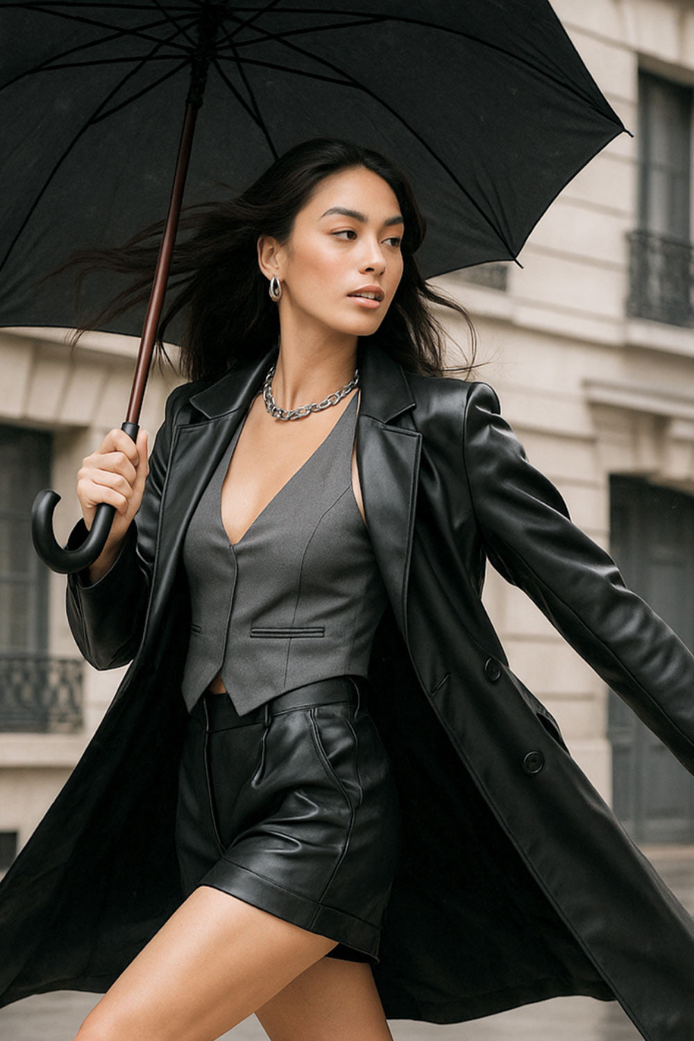 Chaleco corto cuello halter, fit ajustado, escote v, cierre frontal con hilera oculta de botones, vivos decorativos frontales y bajo v frontal. Escote en espalda y detalle de trabilla ajustable posterior.