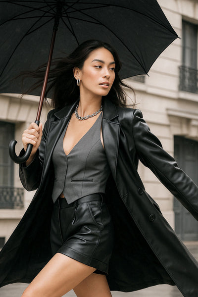 Chaleco corto cuello halter, fit ajustado, escote v, cierre frontal con hilera oculta de botones, vivos decorativos frontales y bajo v frontal. Escote en espalda y detalle de trabilla ajustable posterior.