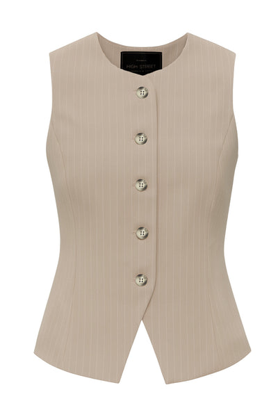 Chaleco corto de fit ajustado, estampado rayas, pinzas frontales, cuello redondo y abertura v en bajo. Cierre frontal con hilera de botones en contraste.