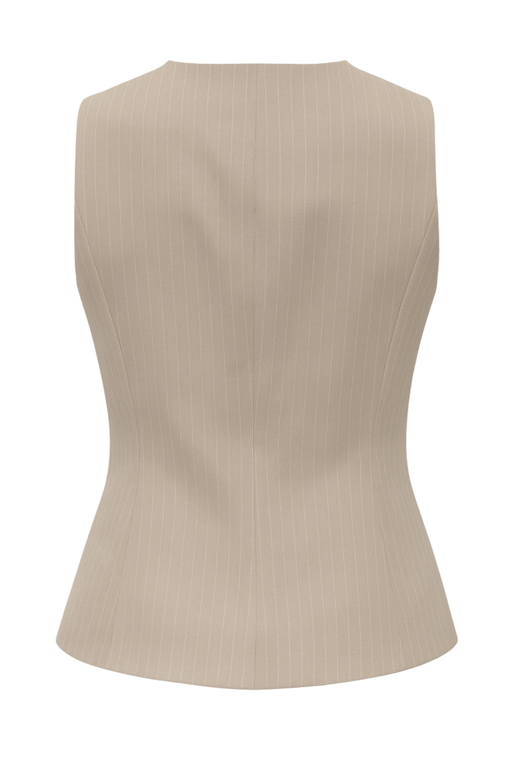 Chaleco corto de fit ajustado, estampado rayas, pinzas frontales, cuello redondo y abertura v en bajo. Cierre frontal con hilera de botones en contraste.