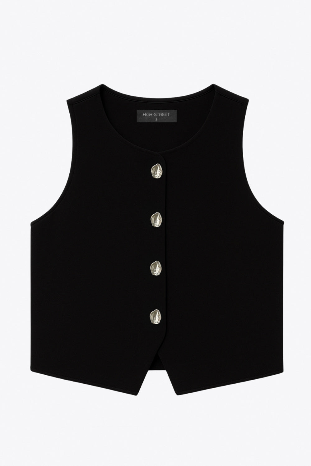 Chaleco corto de fit recto, cuello redondo, bajo frontal con abertura en v y cierre con hilera de botones en contraste.