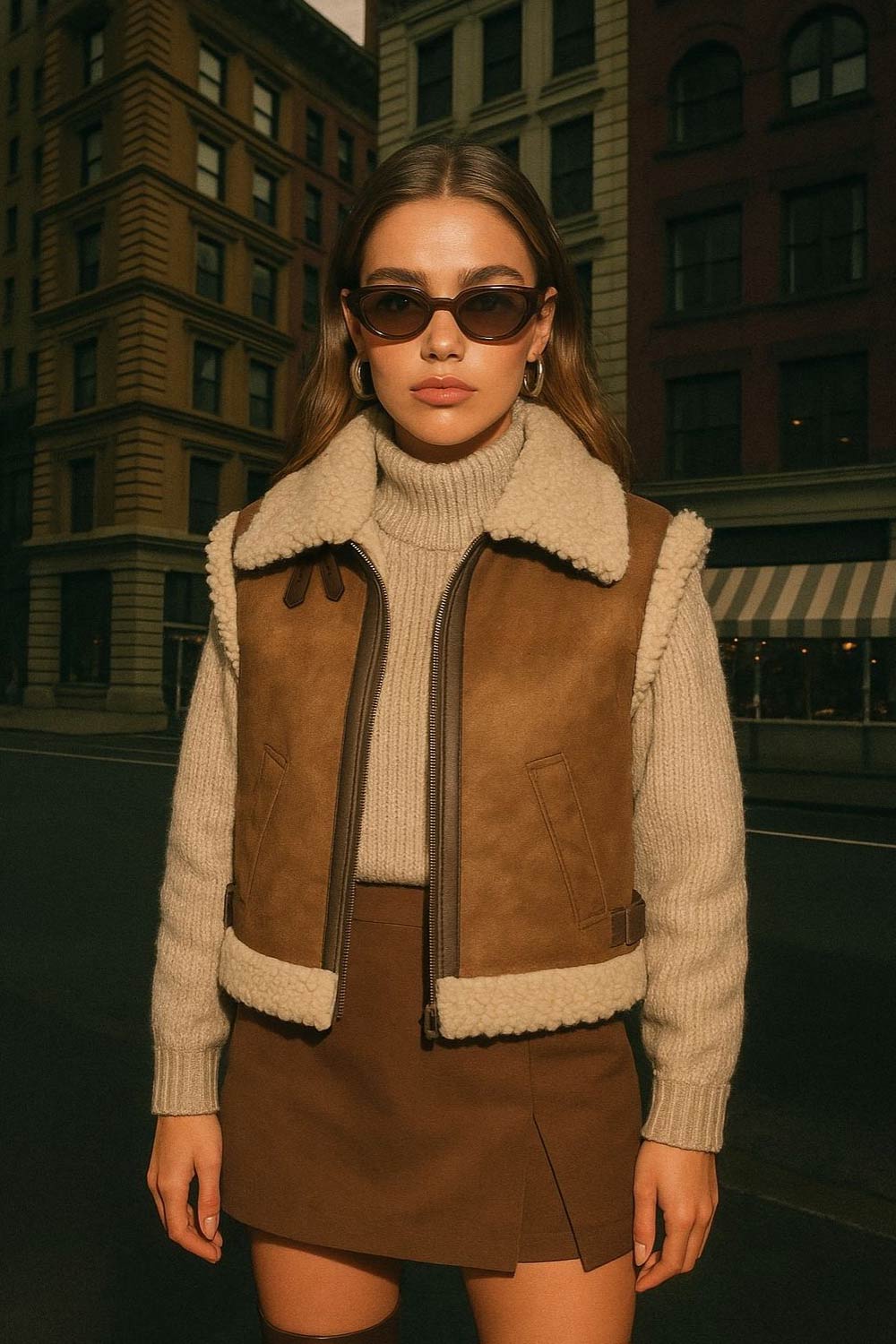 Chaleco corto de efecto piel, fit recto, cuello con solapa en contraste, bolsillos delanteros, trabillas laterales con hebillas en contraste y cierre frontal con cremallera. Detalle de borreguillo en contraste en interior, bordes y solapa.