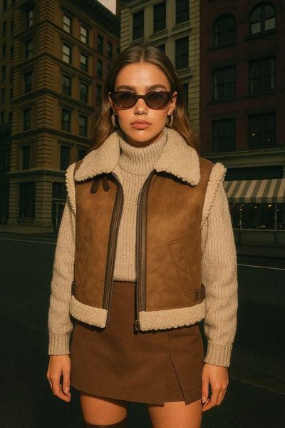 Chaleco corto de efecto piel, fit recto, cuello con solapa en contraste, bolsillos delanteros, trabillas laterales con hebillas en contraste y cierre frontal con cremallera. Detalle de borreguillo en contraste en interior, bordes y solapa.