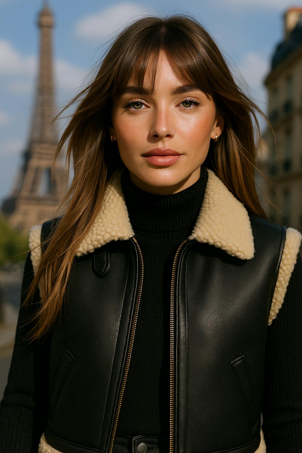 Chaleco corto de efecto piel, fit recto, cuello con solapa en contraste, bolsillos delanteros, trabillas laterales con hebillas en contraste y cierre frontal con cremallera. Detalle de borreguillo en contraste en interior, bordes y solapa.