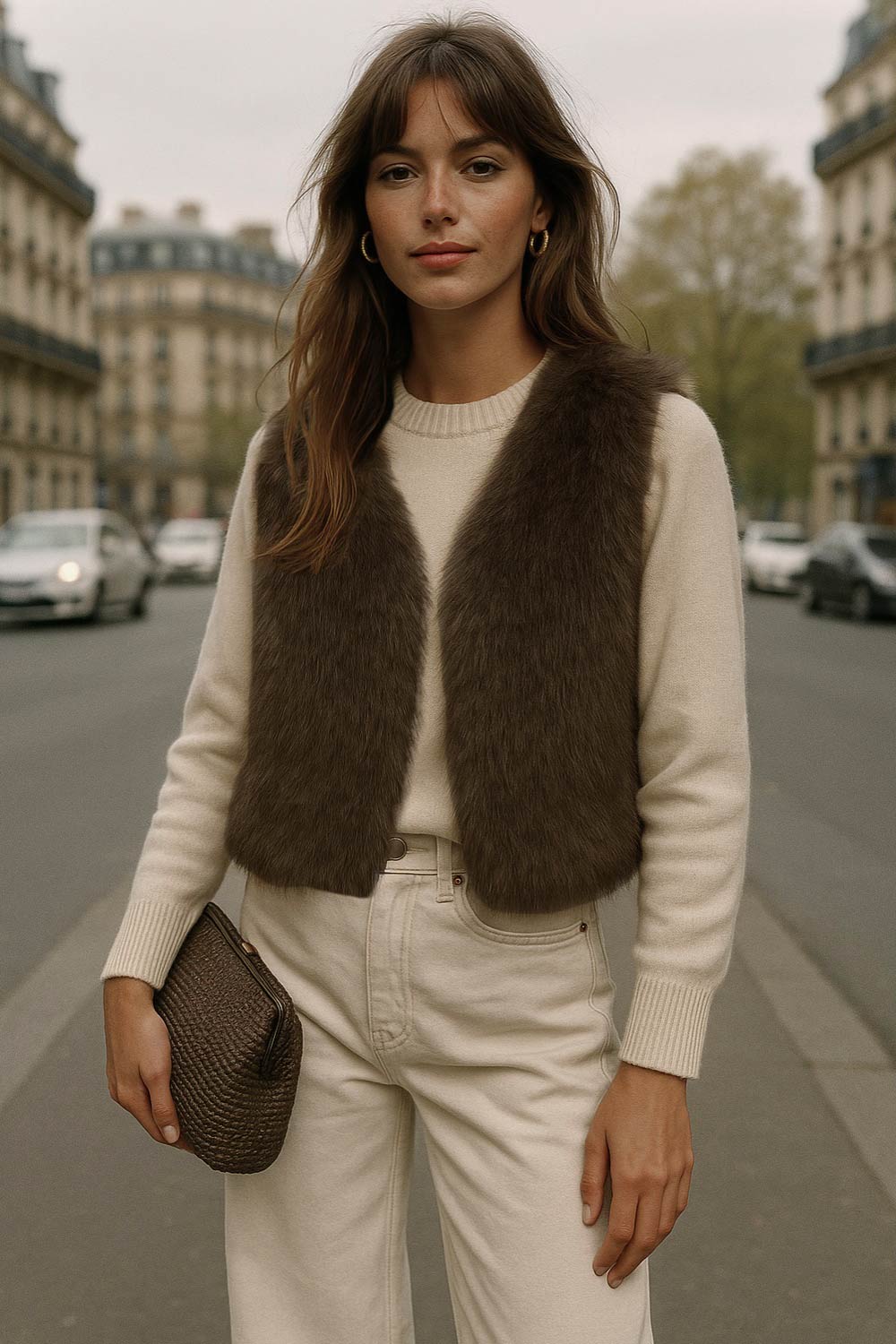 Chaleco corto abierto de efecto pelo, cuello en v y fit recto.