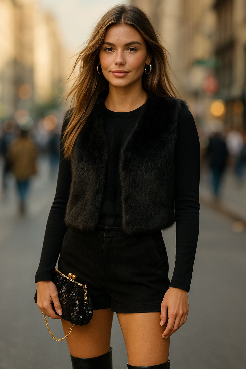 Chaleco corto abierto de efecto pelo, cuello en v y fit recto.