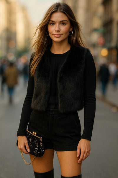 Chaleco corto abierto de efecto pelo, cuello en v y fit recto.