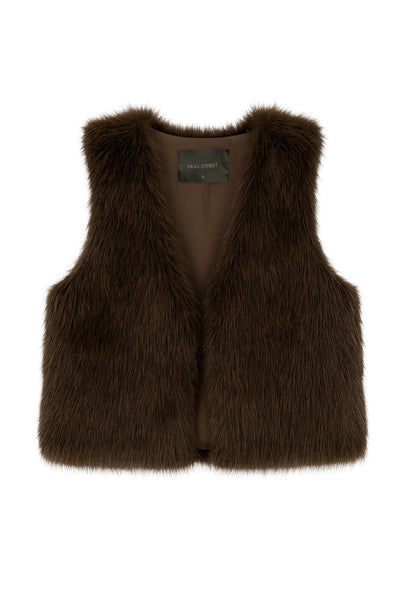 Chaleco corto abierto de efecto pelo, cuello en v y fit recto.