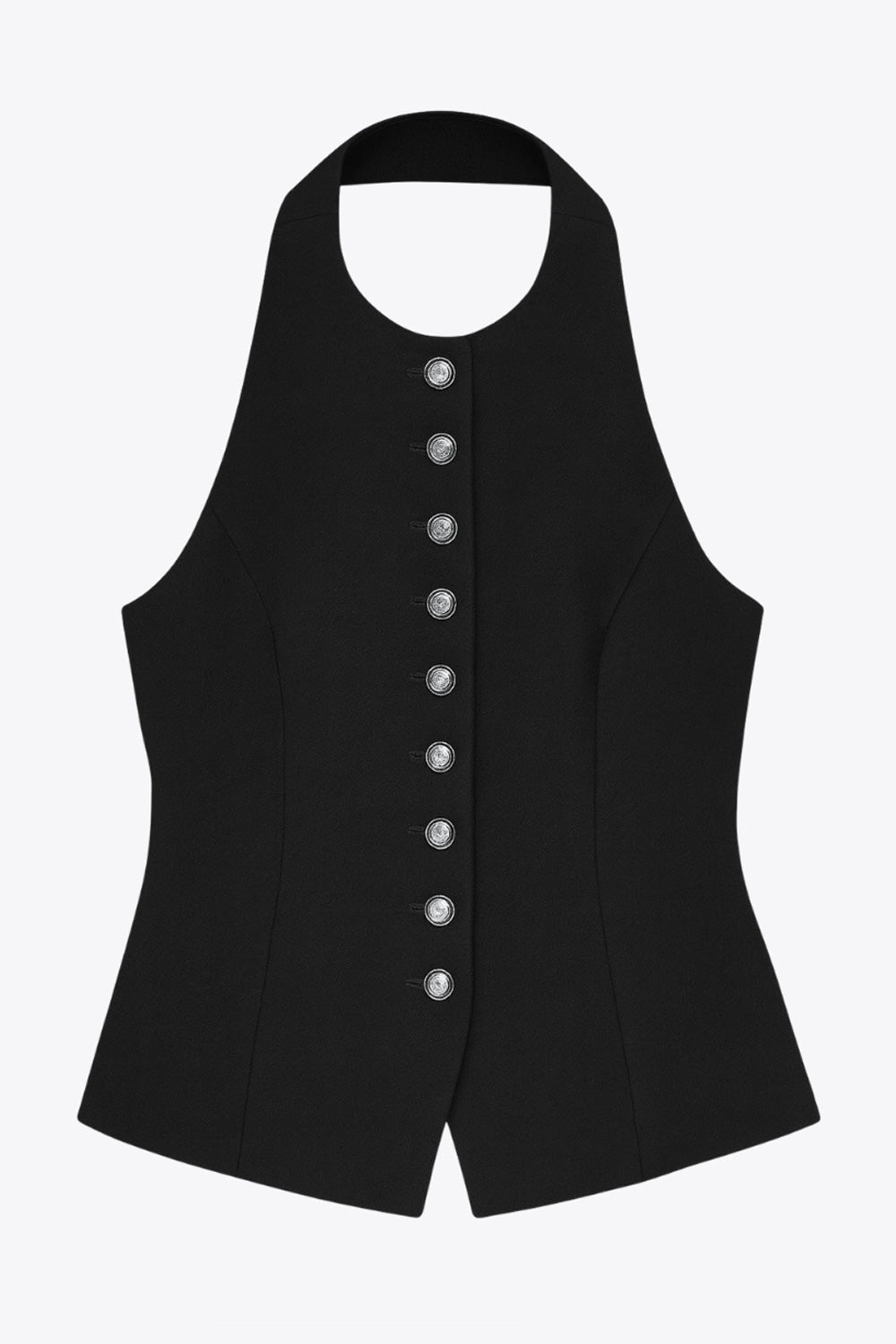 Chaleco corto halter, de fit ajustado, cuello redondo, cierre frontal con hilera oculta de botones, en contraste, pinzas frontales y abertura en bajo. Detalle de escote en espalda.