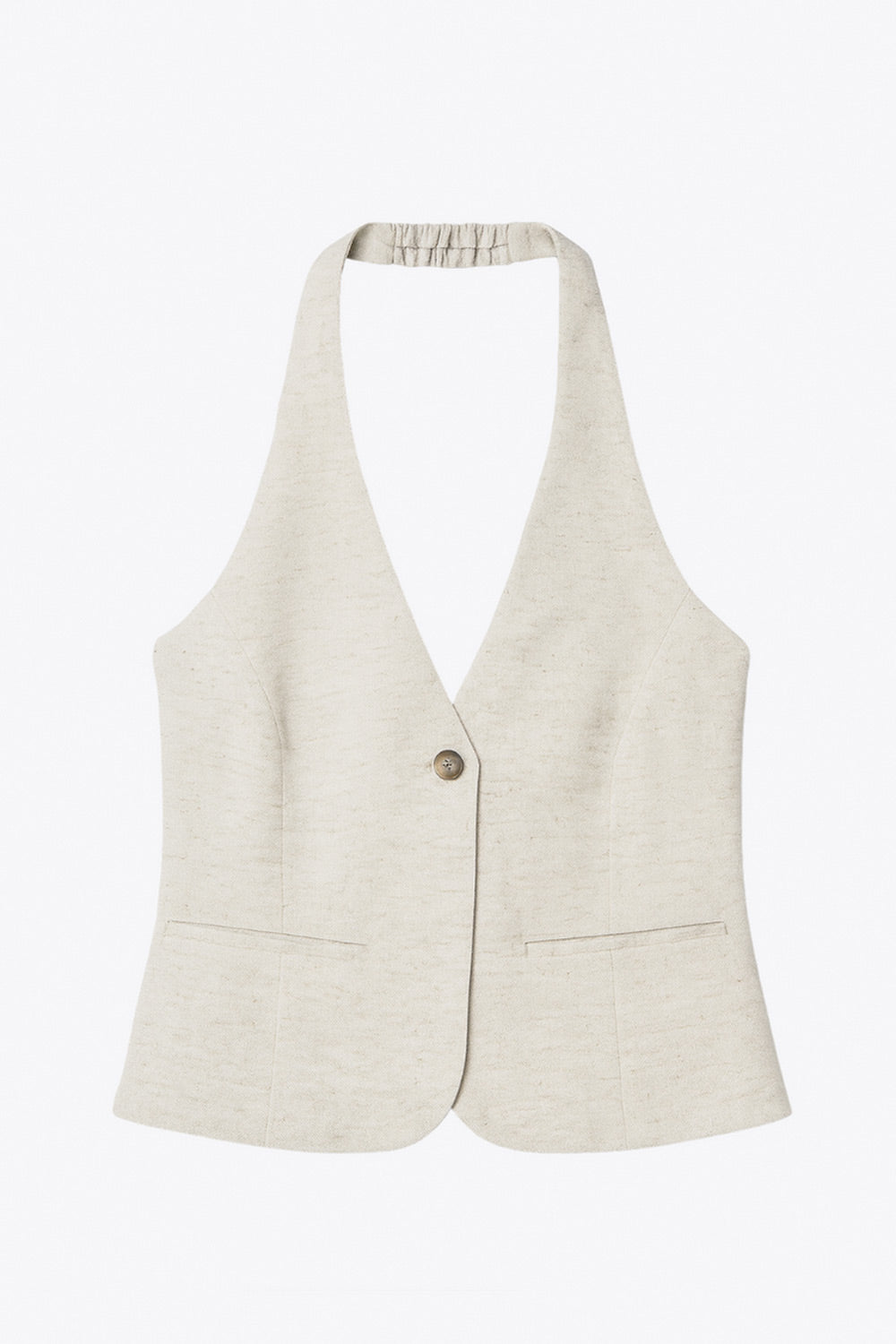 Chaleco corto de cuello halter con elástico posterior, fit ajustado, escote v, pinzas frontales, vivos decorativos frontales y bajo curveado. Cierre frontal con botón en contraste.