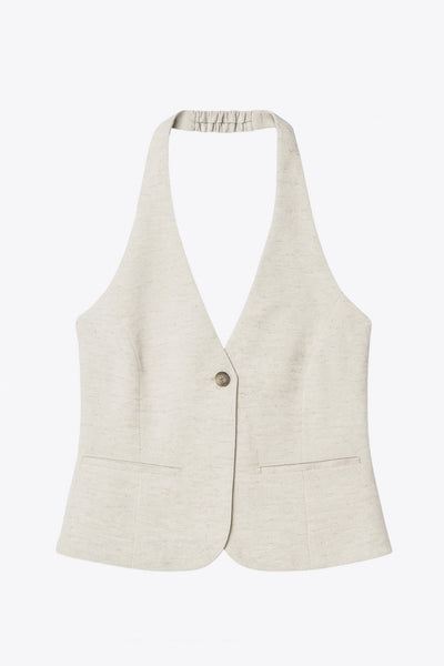 Chaleco corto de cuello halter con elástico posterior, fit ajustado, escote v, pinzas frontales, vivos decorativos frontales y bajo curveado. Cierre frontal con botón en contraste.