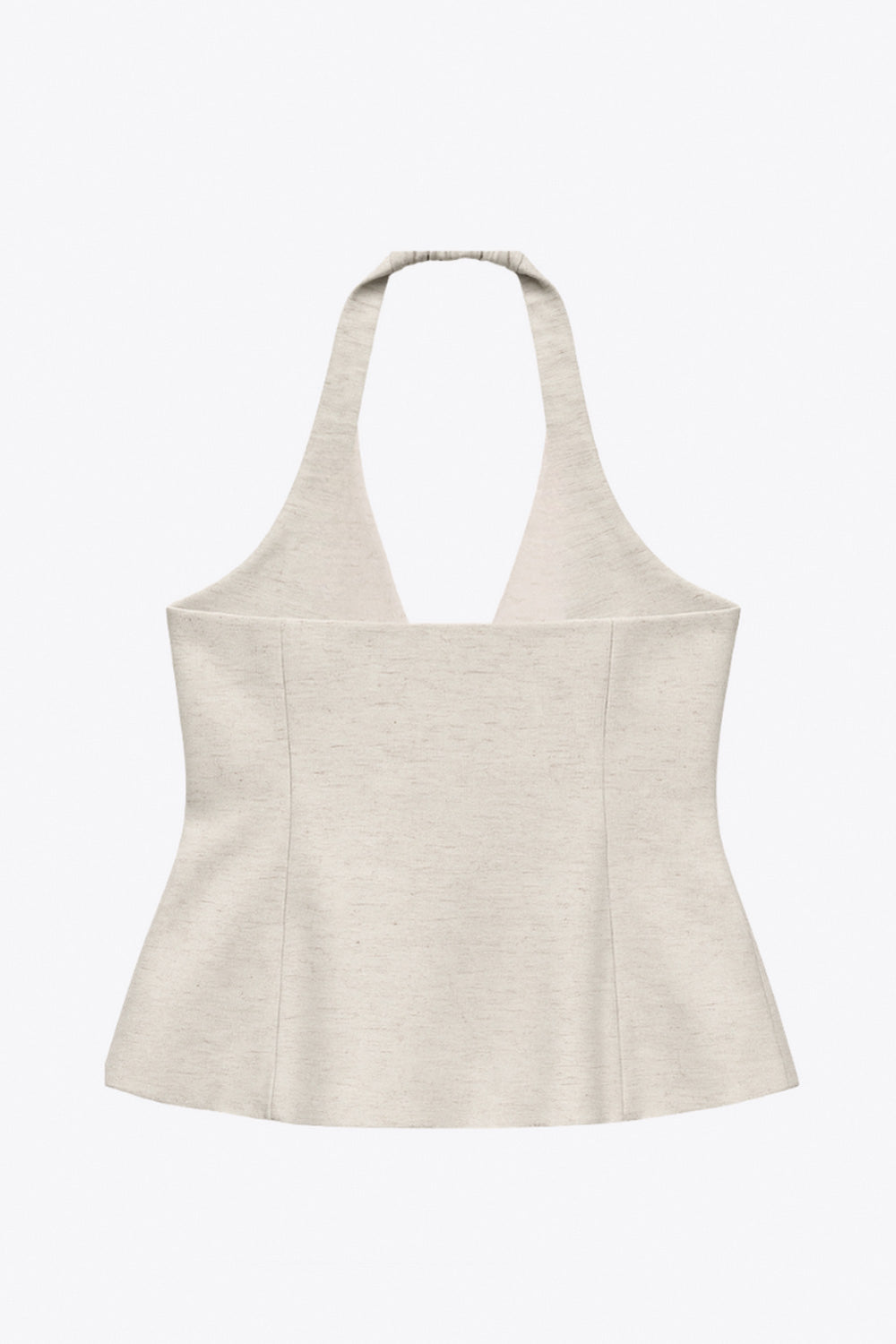 Chaleco corto de cuello halter con elástico posterior, fit ajustado, escote v, pinzas frontales, vivos decorativos frontales y bajo curveado. Cierre frontal con botón en contraste.