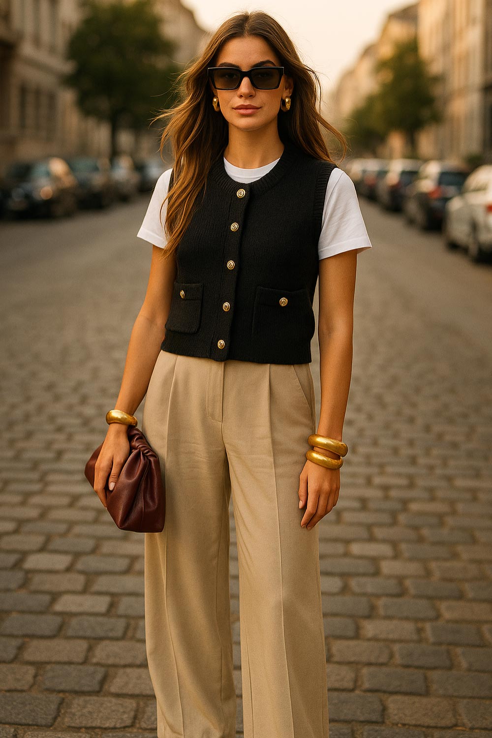 Chaleco corto de punto, fit recto, bolsillos frontales con botón, rib en puños, bajo y cuello redondo. Cierre frontal con hilera de botones en contraste.