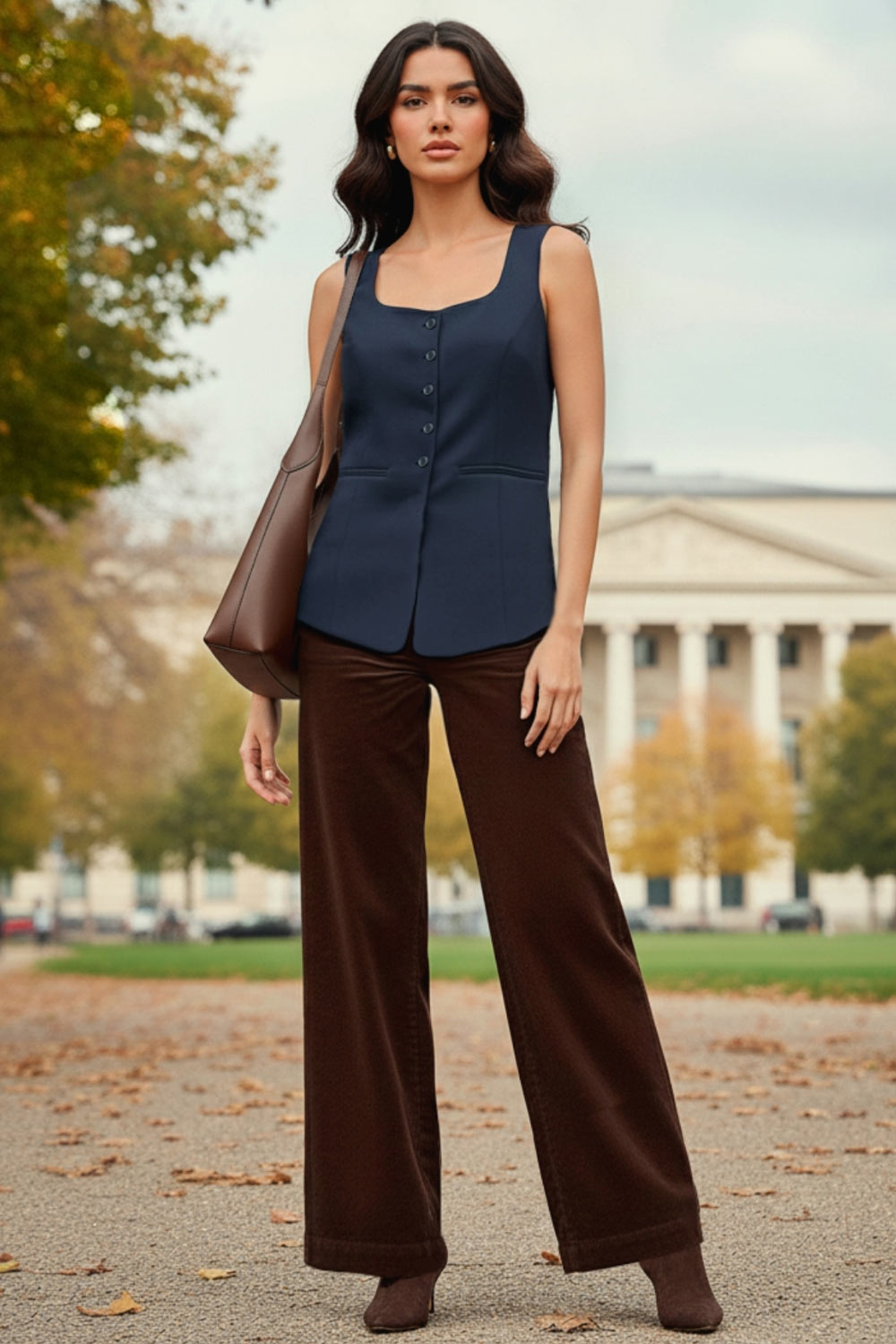 Chaleco largo de lino, fit recto, escote cuadrado, vivos decorativos frontales, bajo v frontal curveado con abertura y cierre con hilera de botones en contraste.