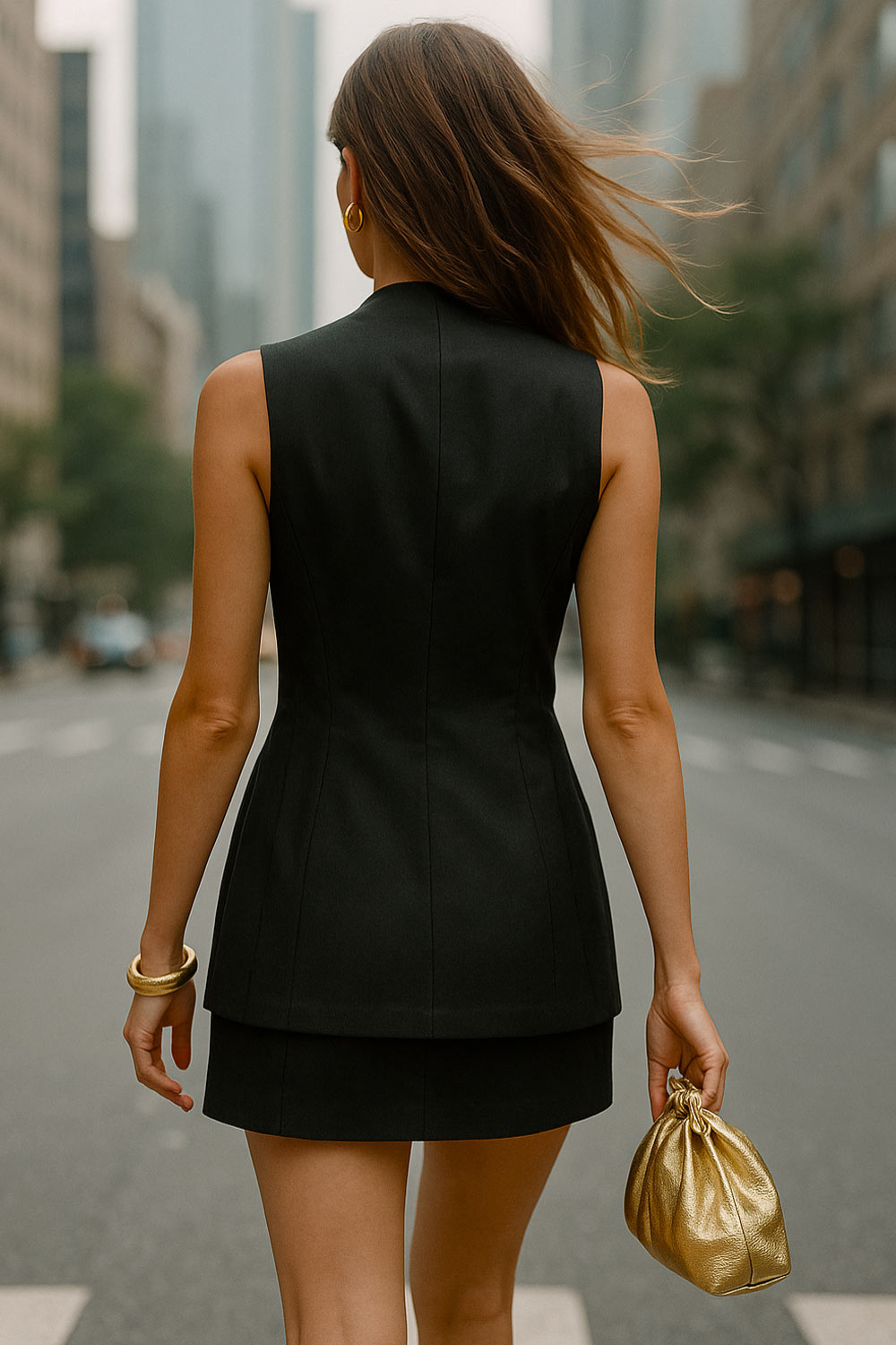 Chaleco de fit ajustado, cuello v, bajo curveado frontal, cortes frontales y cierre con hilera de botones en contraste.