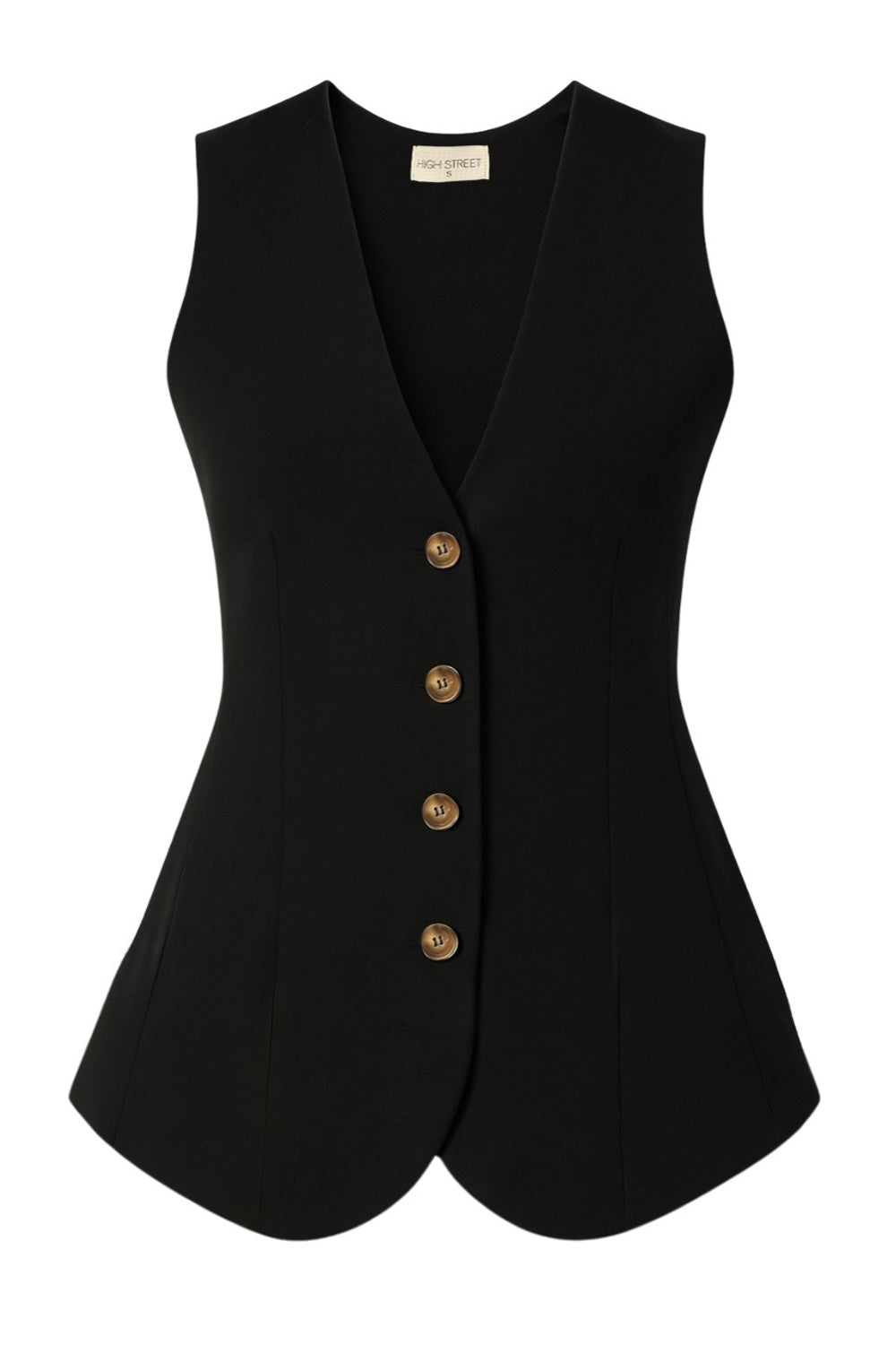 Chaleco de fit ajustado, cuello v, bajo curveado frontal, cortes frontales y cierre con hilera de botones en contraste.
