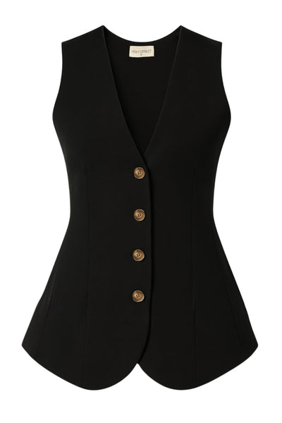 Chaleco de fit ajustado, cuello v, bajo curveado frontal, cortes frontales y cierre con hilera de botones en contraste.