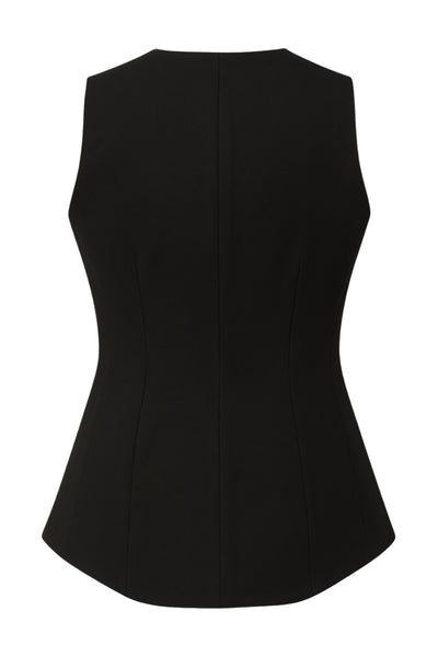 Chaleco de fit ajustado, cuello v, bajo curveado frontal, cortes frontales y cierre con hilera de botones en contraste.